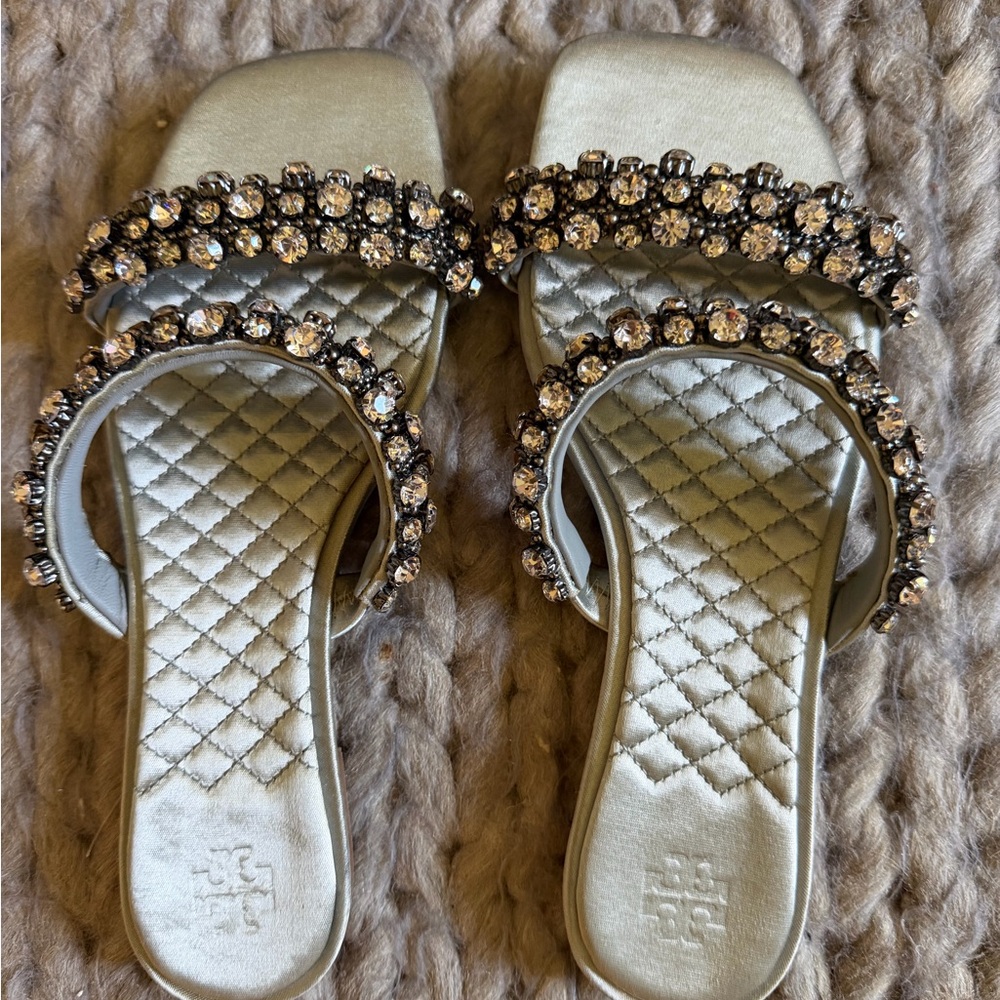 Tory Burch Crystal-Embellished Silver Quilted Slide Sandals - Women size 7